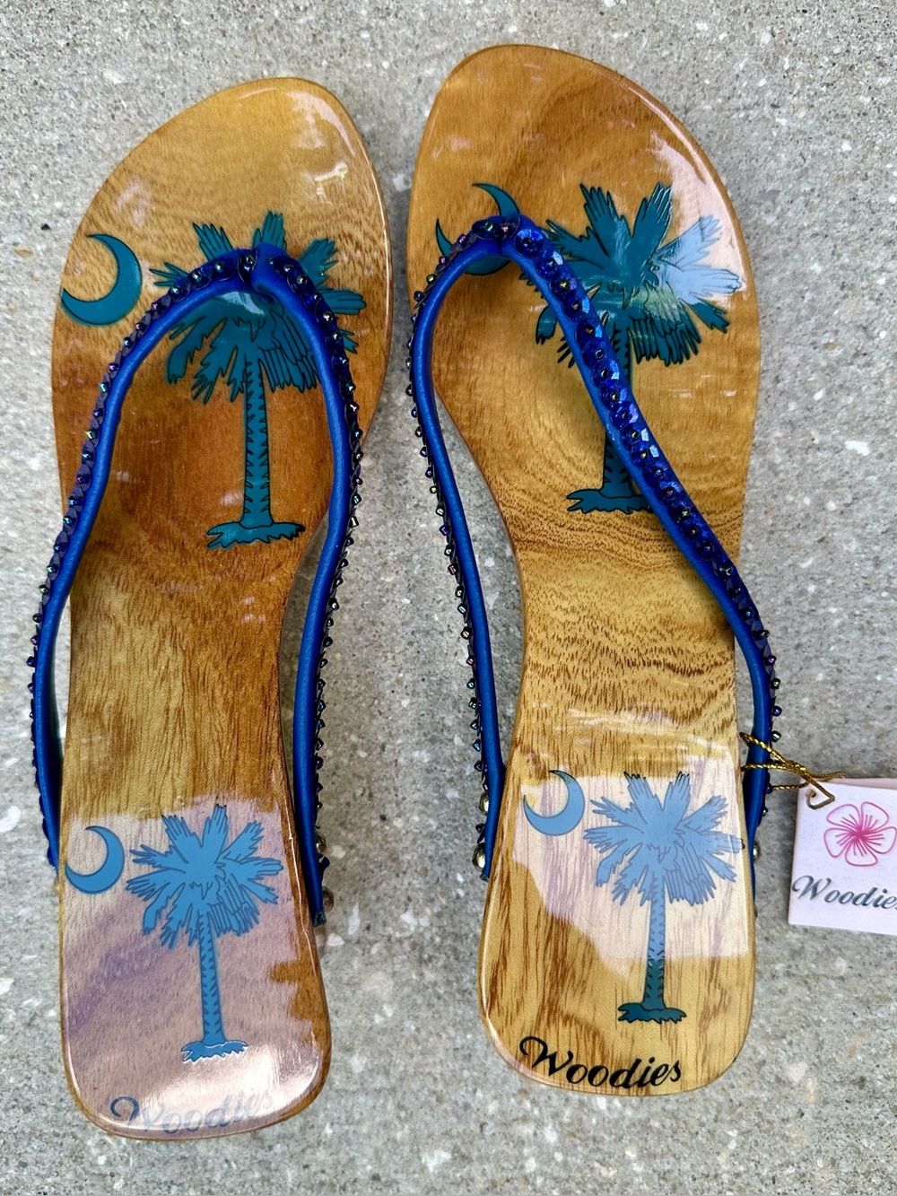 Vintage Blue Crescent Moon Palm Tree Woodies Sandals Size 5 NWT